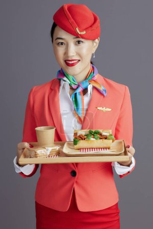 Foto de Feliz elegante asiático azafata de aire en falda roja, chaqueta y sombrero uniforme con una bandeja de comida sobre fondo gris. - Imagen libre de derechos
