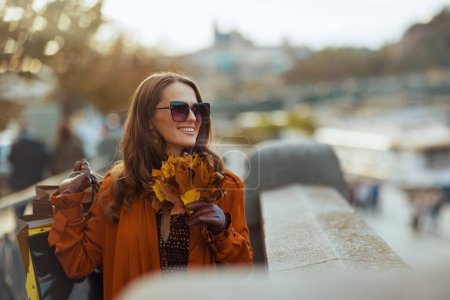 Téléchargez les photos : Bonjour septembre. élégante femme d'âge moyen souriante en trench-coat marron avec des sacs à provisions et des feuilles jaunes d'automne dans la ville. - en image libre de droit