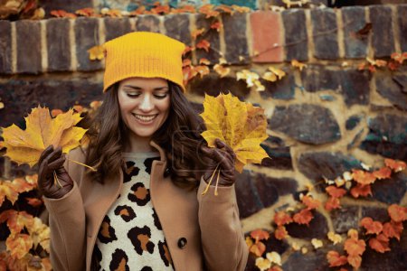 Téléchargez les photos : Bonjour, novembre. heureuse femme élégante de 40 ans en manteau marron et chapeau jaune avec des feuilles jaunes d'automne contre le mur de pierre à l'extérieur sur la rue de la ville en automne. - en image libre de droit