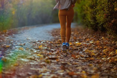 Photo for Hello autumn. Closeup on fit middle aged woman in fitness clothes in the park jogging. - Royalty Free Image