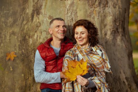 Téléchargez les photos : Bonjour l'automne. couple élégant souriant dans le parc avec des feuilles d'automne près de l'arbre. - en image libre de droit