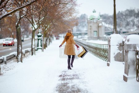 Téléchargez les photos : Heureuse femme d'âge moyen moderne en chapeau marron et écharpe en manteau de chameau avec gants et sacs à provisions à l'extérieur de la ville en hiver. - en image libre de droit