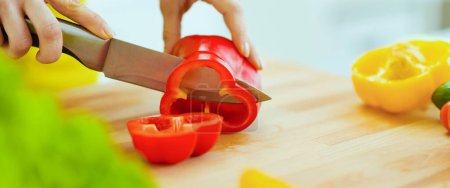 Photo for Closeup on housewife cutting red bell pepper on cutting board - Royalty Free Image