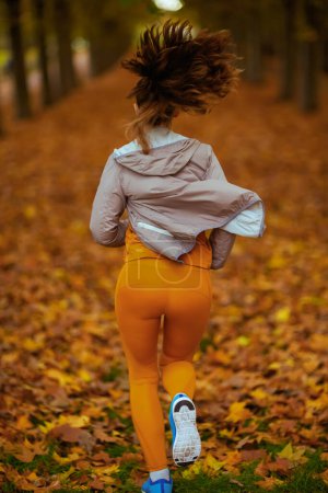 Photo for Hello autumn. Seen from behind stylish woman in fitness clothes in the park jogging. - Royalty Free Image