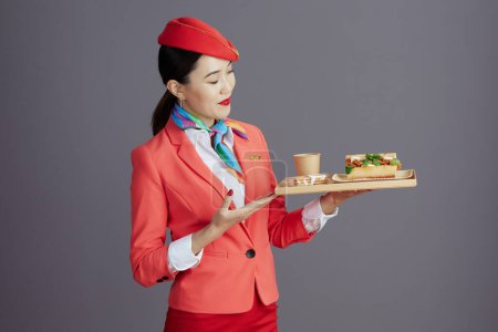 Téléchargez les photos : Hôtesse de l'air féminine asiatique moderne en jupe rouge, veste et chapeau uniforme avec un plateau de nourriture isolé sur fond gris. - en image libre de droit