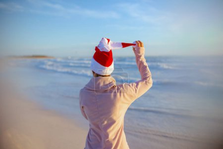 Foto de Visto desde atrás mujer de mediana edad moderna en suéter acogedor con sombrero de Navidad a rayas divertirse en la playa por la noche. - Imagen libre de derechos