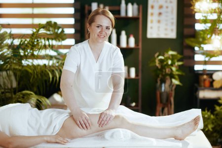 Téléchargez les photos : Temps de santé. massothérapeute dans le salon de spa masser les clients jambe. - en image libre de droit