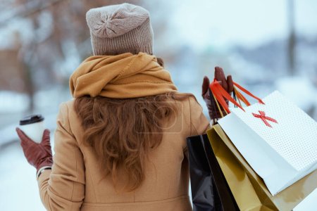 Téléchargez les photos : Vu de derrière femme en chapeau marron et écharpe en manteau de chameau avec gants, sacs à provisions et tasse de chocolat chaud à l'extérieur en ville en hiver. - en image libre de droit