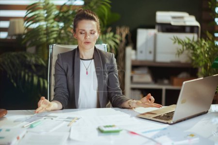 Foto de Lugar de trabajo sostenible. relajada mujer de negocios moderna en el trabajo con el ordenador portátil meditando. - Imagen libre de derechos