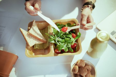 Téléchargez les photos : Un lieu de travail durable. Gros plan sur comptable femme dans vert bureau manger salade. - en image libre de droit