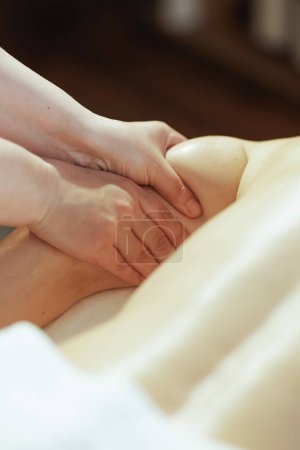 Foto de Tiempo de atención médica. Primer plano del terapeuta de masaje en el brazo de los clientes de masaje de salón de spa. - Imagen libre de derechos