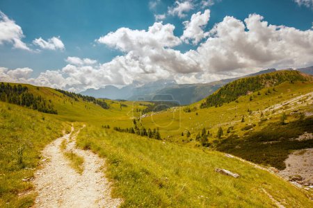 Téléchargez les photos : Heure d'été dans les Dolomites. paysage avec collines, nuages, prairie, arbres et sentier. - en image libre de droit