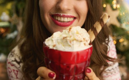 Téléchargez les photos : Noël. Gros plan sur souriante femme d'âge moyen avec cocktail au chocolat chaud festif près de l'arbre de Noël dans le salon. - en image libre de droit