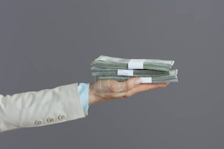 Foto de Primer plano sobre la trabajadora en un traje de negocios ligero con paquetes de dinero en dólares aislados en gris. - Imagen libre de derechos