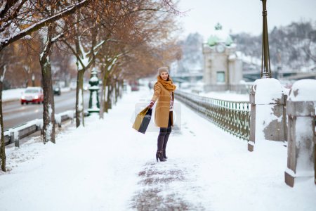 Téléchargez les photos : Heureuse femme moderne en chapeau marron et écharpe en manteau de chameau avec gants et sacs à provisions à l'extérieur de la ville en hiver. - en image libre de droit