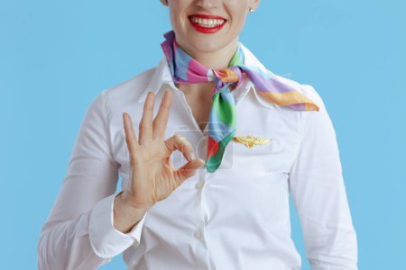 Photo for Closeup on smiling female air hostess isolated on blue background in uniform showing ok gesture. - Royalty Free Image