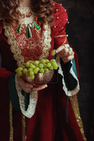 Téléchargez les photos : Gros plan sur la reine médiévale en robe rouge avec assiette de raisins sur fond gris foncé. - en image libre de droit
