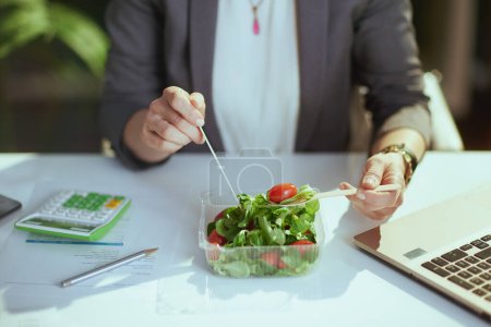 Téléchargez les photos : Un lieu de travail durable. Gros plan sur femme d'affaires dans le bureau vert avec ordinateur portable manger de la salade. - en image libre de droit