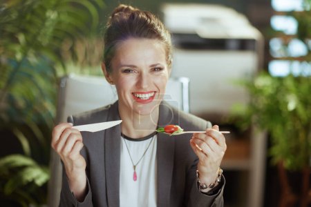 Téléchargez les photos : Un lieu de travail durable. heureuse femme d'affaires moderne de 40 ans dans un costume d'affaires gris dans le bureau vert moderne manger de la salade. - en image libre de droit
