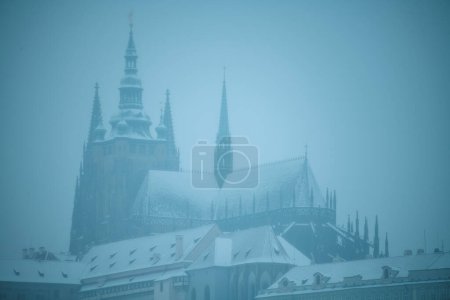 Photo for Landscape in winter in Prague, Czech Republic with St. Vitus Cathedral in the evening. - Royalty Free Image