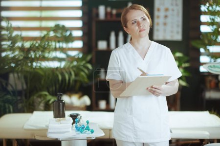 Photo for Healthcare time. female medical massage therapist in spa salon with clipboard. - Royalty Free Image