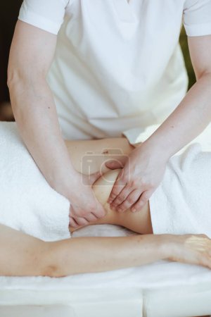 Photo for Healthcare time. Closeup on medical massage therapist in spa salon massaging clients belly. - Royalty Free Image