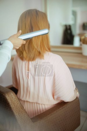 Téléchargez les photos : Vu de derrière femme employée de salon de coiffure dans le salon de beauté moderne avec lisseur de cheveux et client. - en image libre de droit