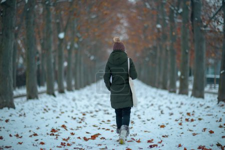 Foto de Visto desde atrás mujer de mediana edad moderna en abrigo verde y sombrero marrón al aire libre en el parque de la ciudad en invierno con gorro sombrero. - Imagen libre de derechos