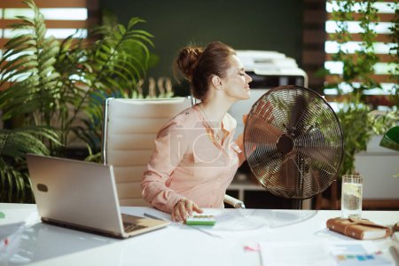 Foto de Lugar de trabajo sostenible. sonriente mujer contable de mediana edad moderna en la oficina verde moderna con ventilador eléctrico y portátil. - Imagen libre de derechos