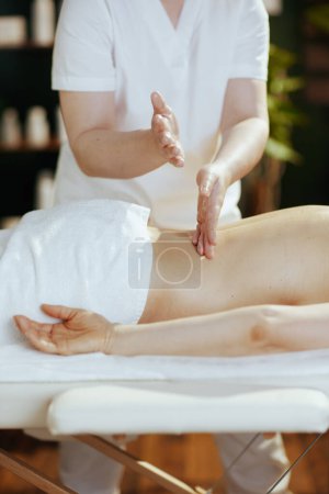 Photo for Healthcare time. massage therapist in spa salon do a massage therapy on massage table. - Royalty Free Image