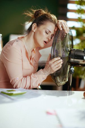 Téléchargez les photos : Un lieu de travail durable. femme d'affaires moderne d'âge moyen au travail avec ventilateur électrique souffrant de chaleur estivale. - en image libre de droit