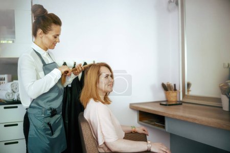 Téléchargez les photos : Femme d'âge moyen salon de coiffure employé dans un studio de coiffure moderne avec brosse à cheveux et client. - en image libre de droit