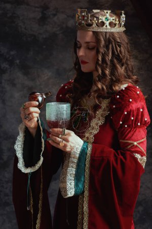 Foto de Insidiosa reina medieval en vestido rojo con corona vertiendo veneno en la copa sobre fondo gris oscuro. - Imagen libre de derechos
