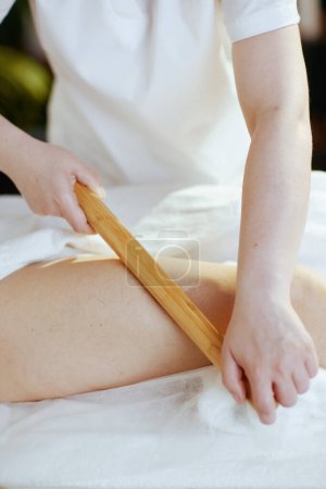 Healthcare time. Closeup on massage therapist in massage cabinet with wooden massage stick massaging clients leg.