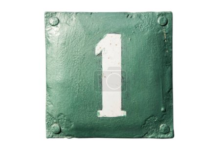 Photo for Weathered grunge square metal enameled plate of number of street address with number 1 isolated on white background - Royalty Free Image