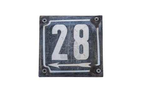 Weathered grunge square metal enameled plate of number of street address with number 28