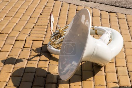 Tuba brass musical wind instrument outdoor at parade in sunny closeup