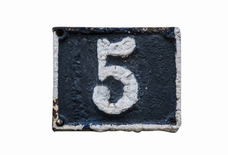 Old retro weathered cast iron plate with number 5