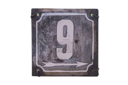 Weathered grunge square metal enameled plate of number of street address with number 9 isolated on white background