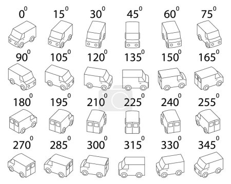 Ein Satz von 24 Minivans aus verschiedenen Blickwinkeln. Umrissdrehung des Transporters um 15 Grad für Animation.  