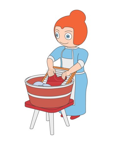 Illustration for Woman is washing clothes with her hand. Laundress is using a washboard and a basin for washing. - Royalty Free Image
