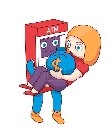 Illustration for ATM character carries a girl in her arms. Cartoon girl rejoices at the bag of money she received from the ATM. - Royalty Free Image