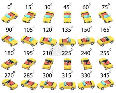 Ilustración de Un conjunto de 24 convertibles desde diferentes ángulos. Animación de la rotación de un coche sin techo con un conductor por 15 grados. - Imagen libre de derechos