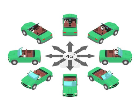 Ilustración de Rotación de cabriolet por 45 grados. Coches verdes con plano desplegable en vista isométrica. - Imagen libre de derechos