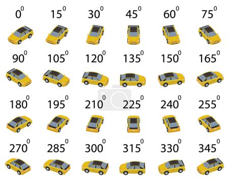 Ein Satz von 24 Pixeln Auto aus verschiedenen Blickwinkeln. Drehung des Autos im Pixel-Art-Stil um 15 Grad für Animation.  