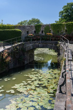 Téléchargez les photos : A river with an old bridge in summer, daylight, romantic, Bergues (France) - en image libre de droit