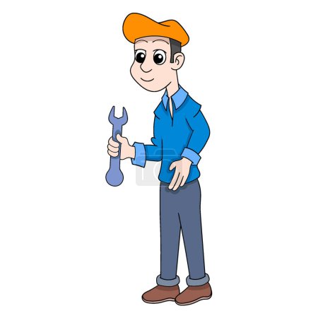 Ilustración de Ilustración de un trabajador taller de reparación masculino sosteniendo una herramienta de llave inglesa listo para reparar su vehículo. diseño vectorial ilustración arte - Imagen libre de derechos