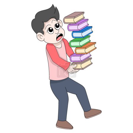 Ilustración de El chico del gusano de biblioteca estaba tambaleándose cargando una gran pila de libros. diseño vectorial ilustración arte - Imagen libre de derechos