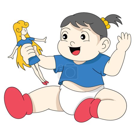 Téléchargez les illustrations : Bébé fille est assis à jouer poupée Barbie. dessin vectoriel illustration art - en licence libre de droit