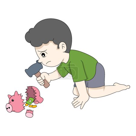 a sad faced boy broke his piggy bank to buy a toy. vector design illustration art